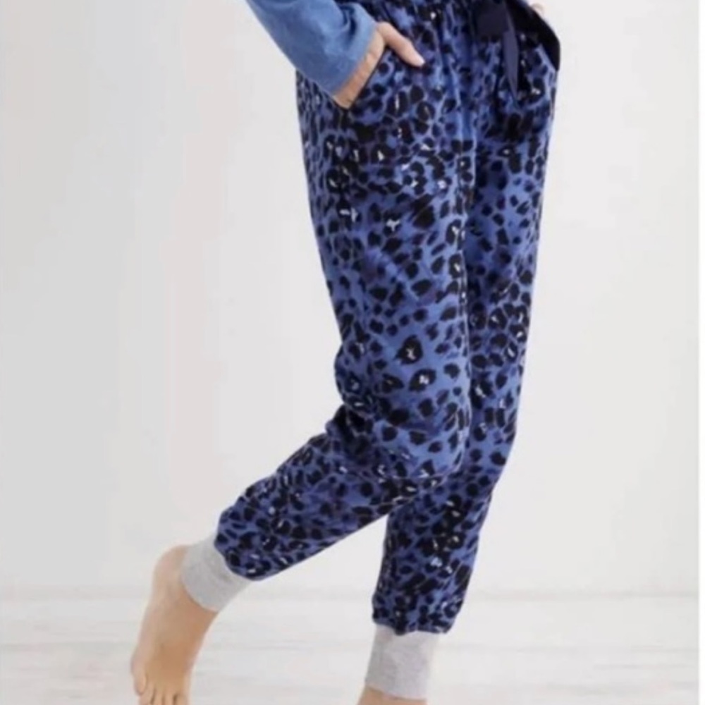 Aerie Blue‎ Cheetah Leopard Drawstring Jogger Pajama Pants Sz Small